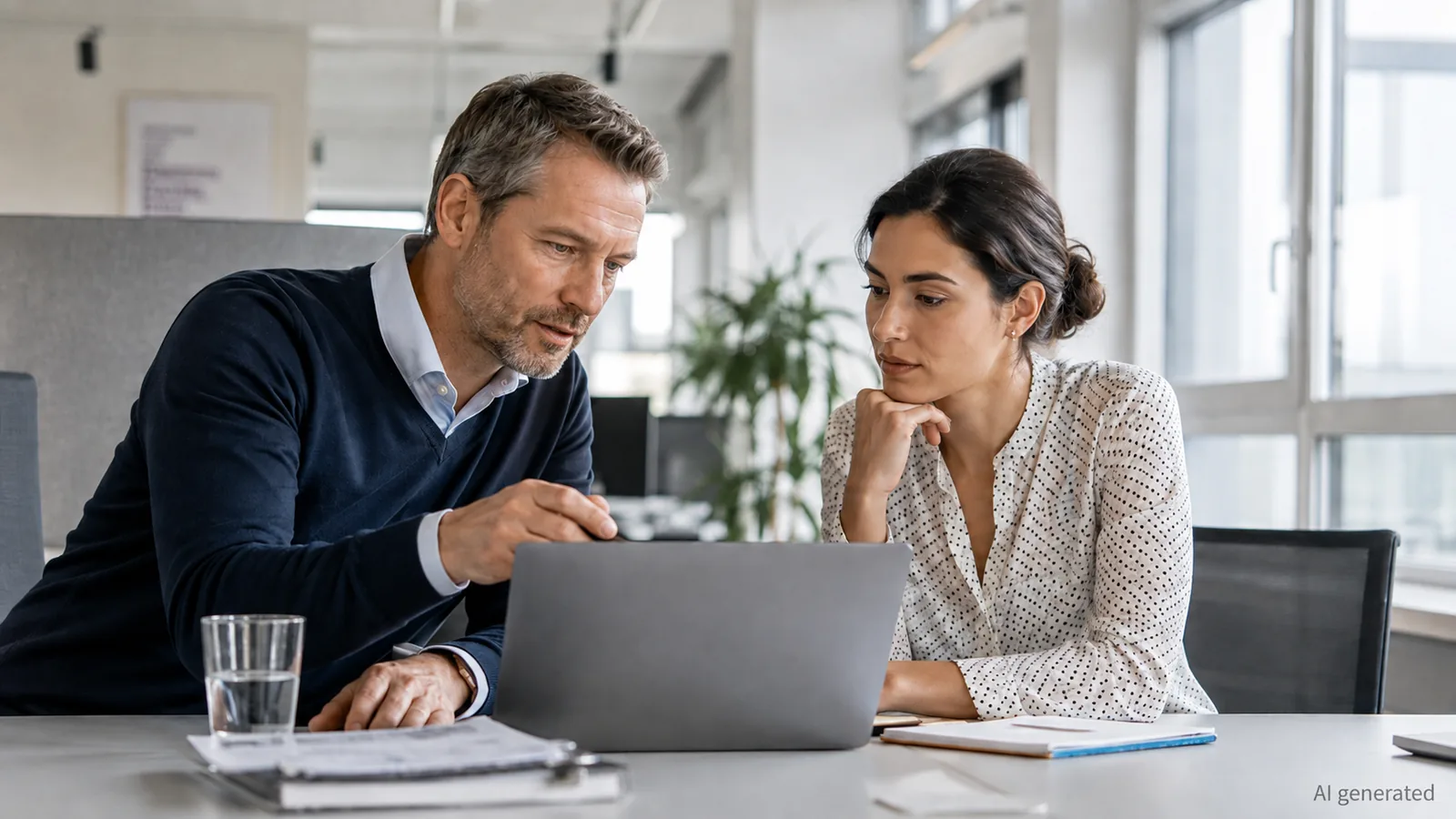 Two colleagues at a workspace, one explaining something to the other on a laptop.