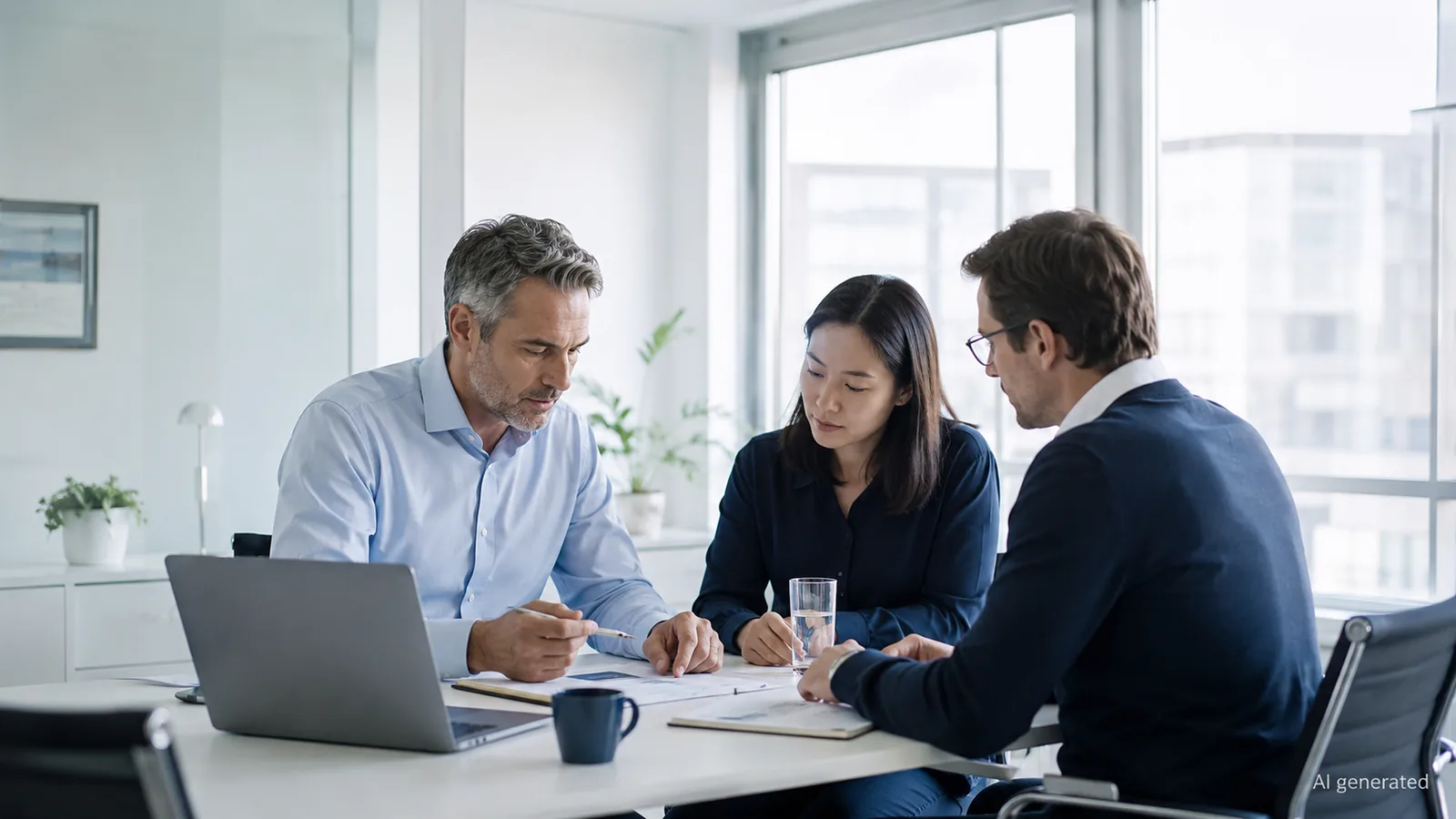Three people in conversation at a meeting table with a laptop and documents in a bright office.